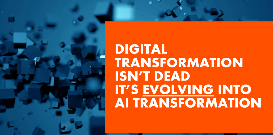 Relentica - Digital Transformation is evolving into AI transformation - over blue cubs transforming and exploding out