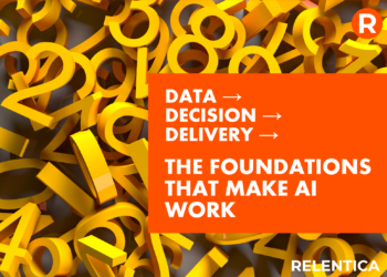 Relentica Blog: Data Decision Delivery text over random image of yellow single digit numbers