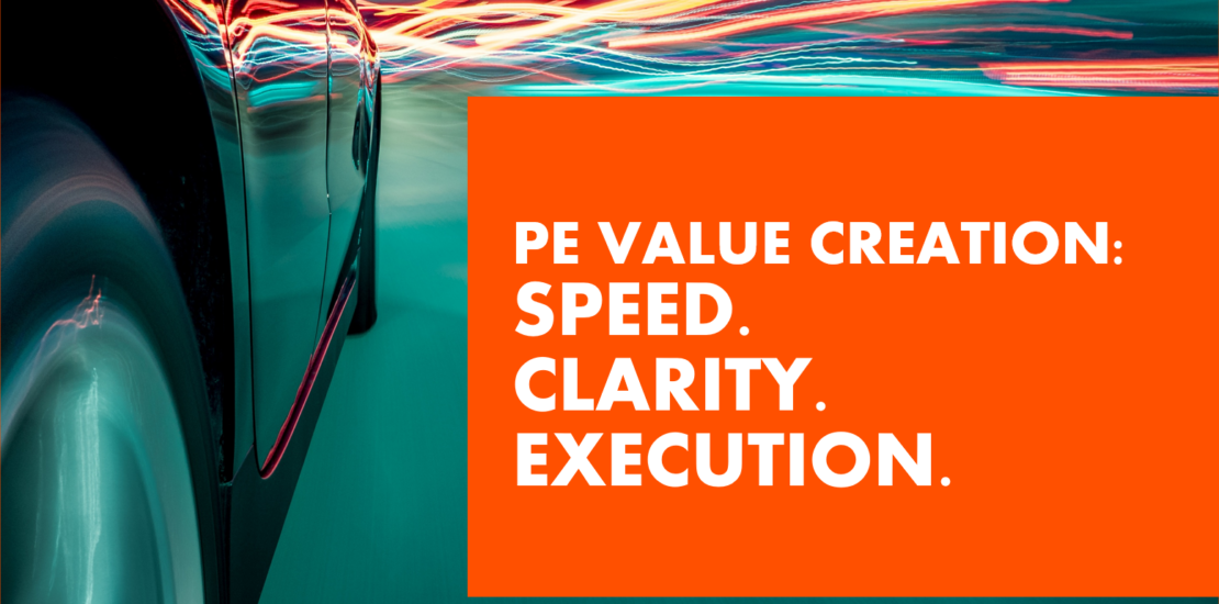 Relentica: PE value creation - speed, clarity, execution text over a car travelling at speed
