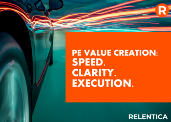Relentica: PE value creation - speed, clarity, execution text over a car travelling at speed
