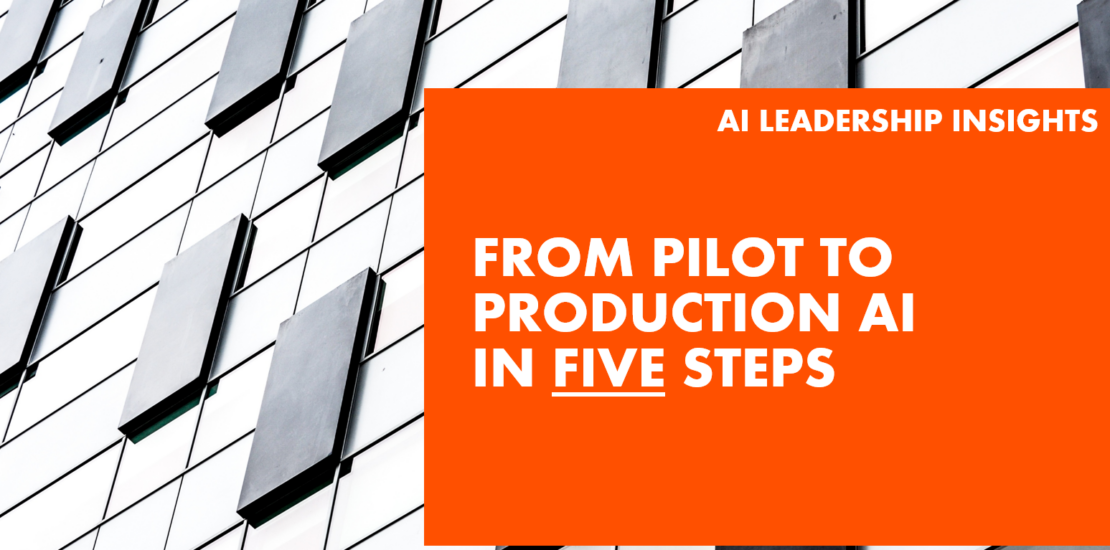 Relentica: From Pilot to Production AI in Five Step - overlayed on a building with black windows