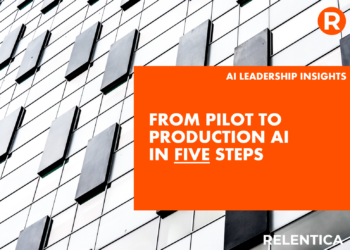 Relentica: From Pilot to Production AI in Five Step - overlayed on a building with black windows