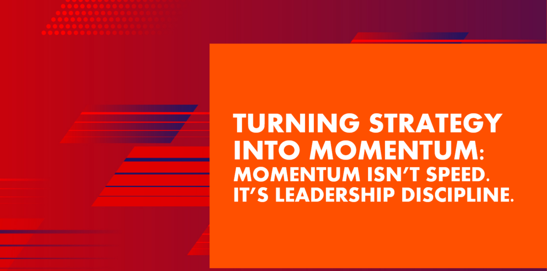 Relentica - turning strategy into momentum text over red background with shapes showing movement