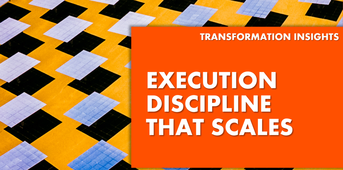 Execution Delivery That Scales - text over blue squares on yellow background