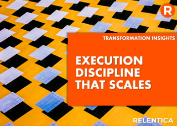 Execution Delivery That Scales - text over blue squares on yellow background